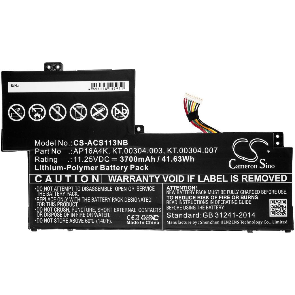 Compatible battery replacement for Acer  AP16A4K, KT.00304.007, KT.00304.003