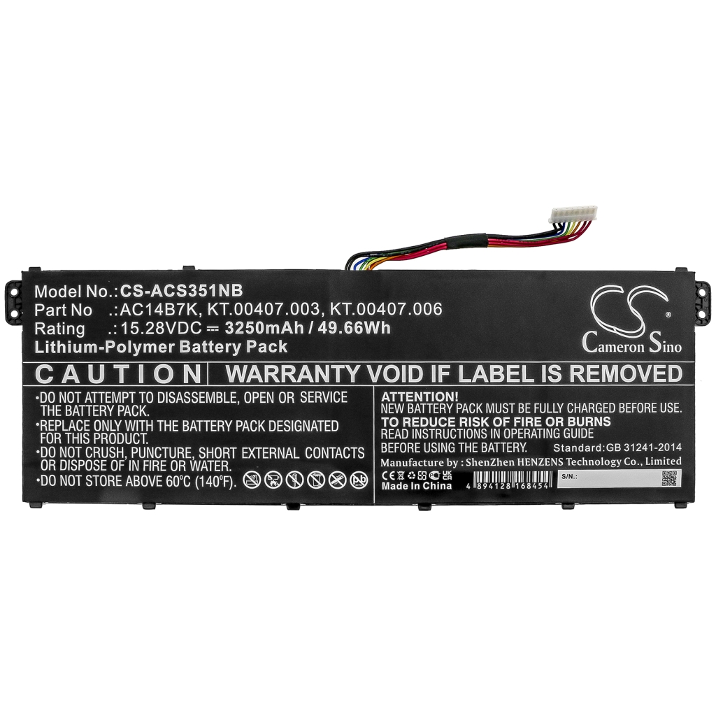 Compatible battery replacement for Acer  KT.00407.006, KT.00407.003, AC14B7K