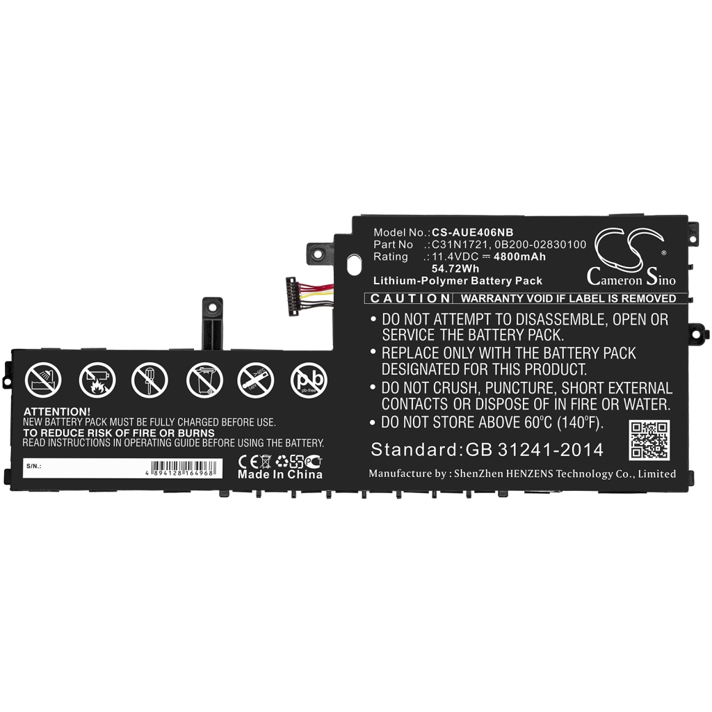 Compatible battery replacement for Asus  C31N1721, 0B200-02830100