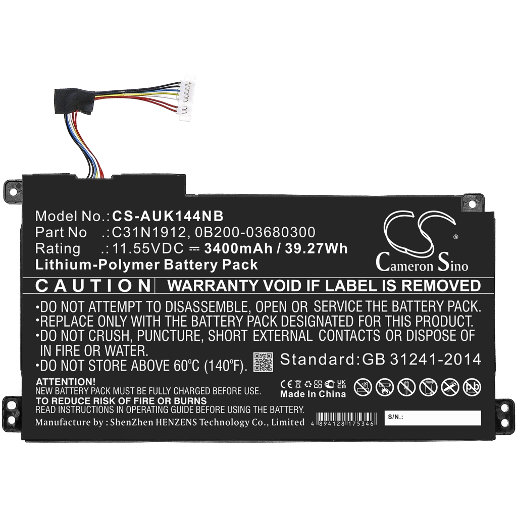 Compatible battery replacement for Asus  C31N1912, 0B200-03680300