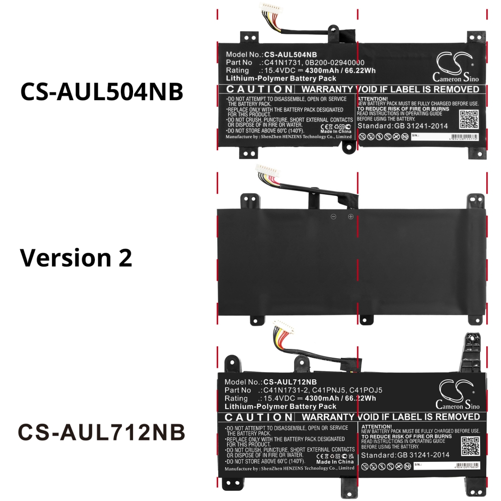 Compatible battery replacement for Asus  0B200-02940000, C41N1731