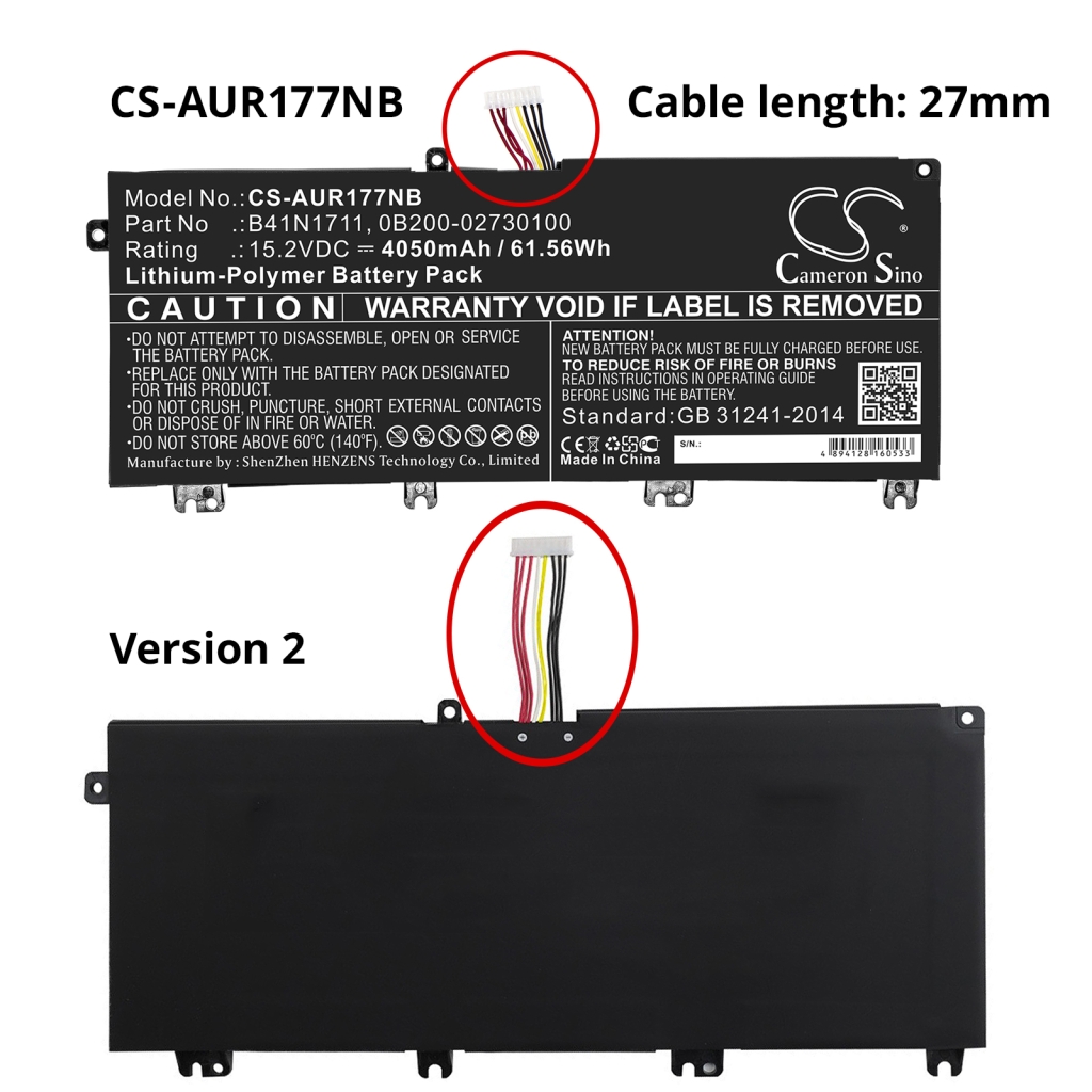 Compatible battery replacement for Asus  0B200-02730100, B41N1711