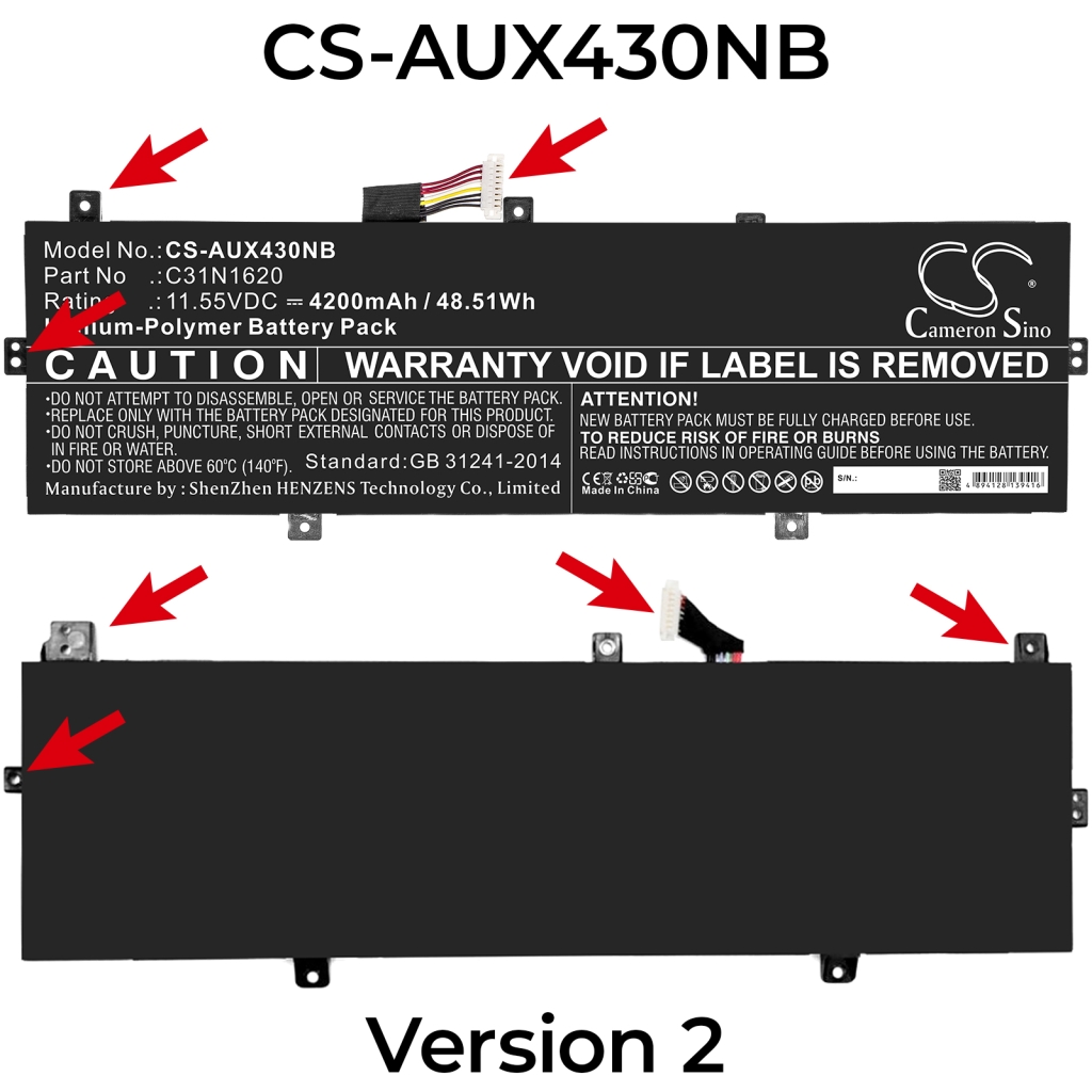 Compatible battery replacement for Asus  0B200-02370200, 0B200-02370100, 0B200-02370000, C31N1620, B0B200-02370000