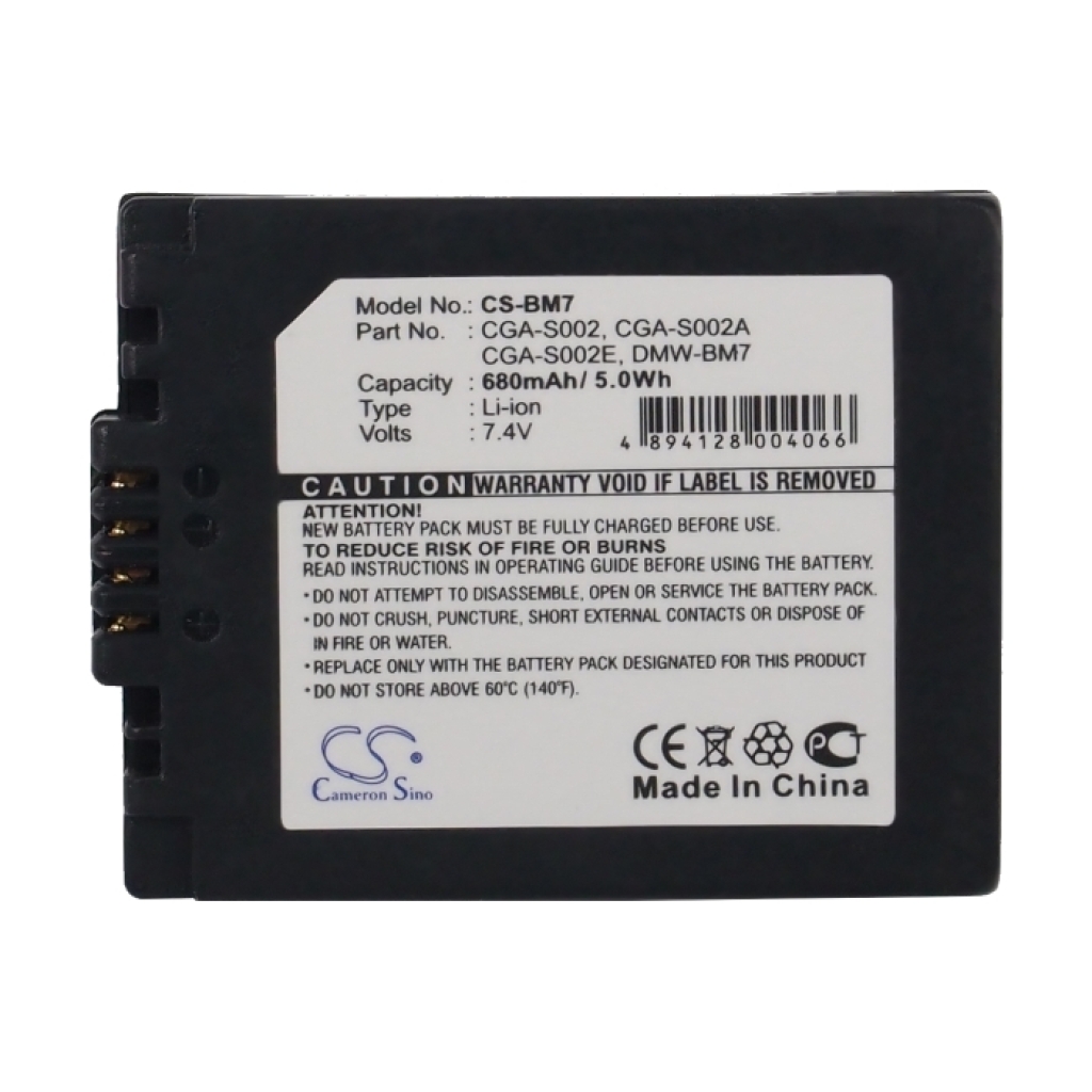 Compatible battery replacement for Panasonic  CGA-S002E, DMW-BM7, CGA-S002A/1B, CGR-S002E, CGA-S002A...