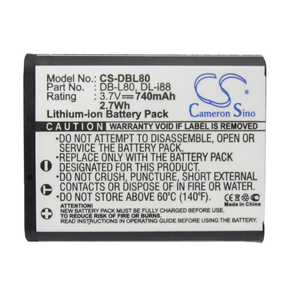 Compatible battery replacement for Sanyo  DB-L80AU, PX1686U-1BRS, DB-L80, PX1686U, D-LI88...