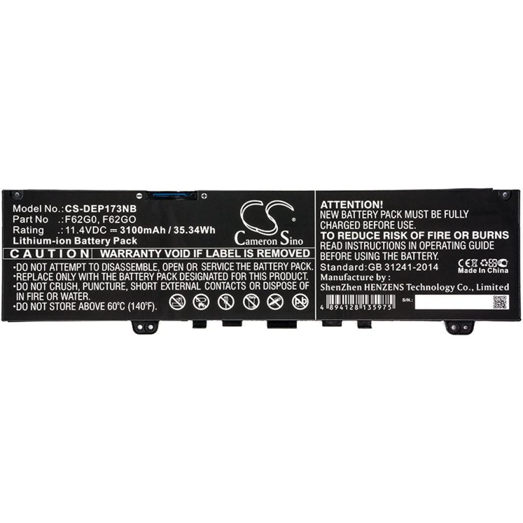 Compatible battery replacement for DELL  039DY5, F62GO, RPJC3, F62G0, P87G001...