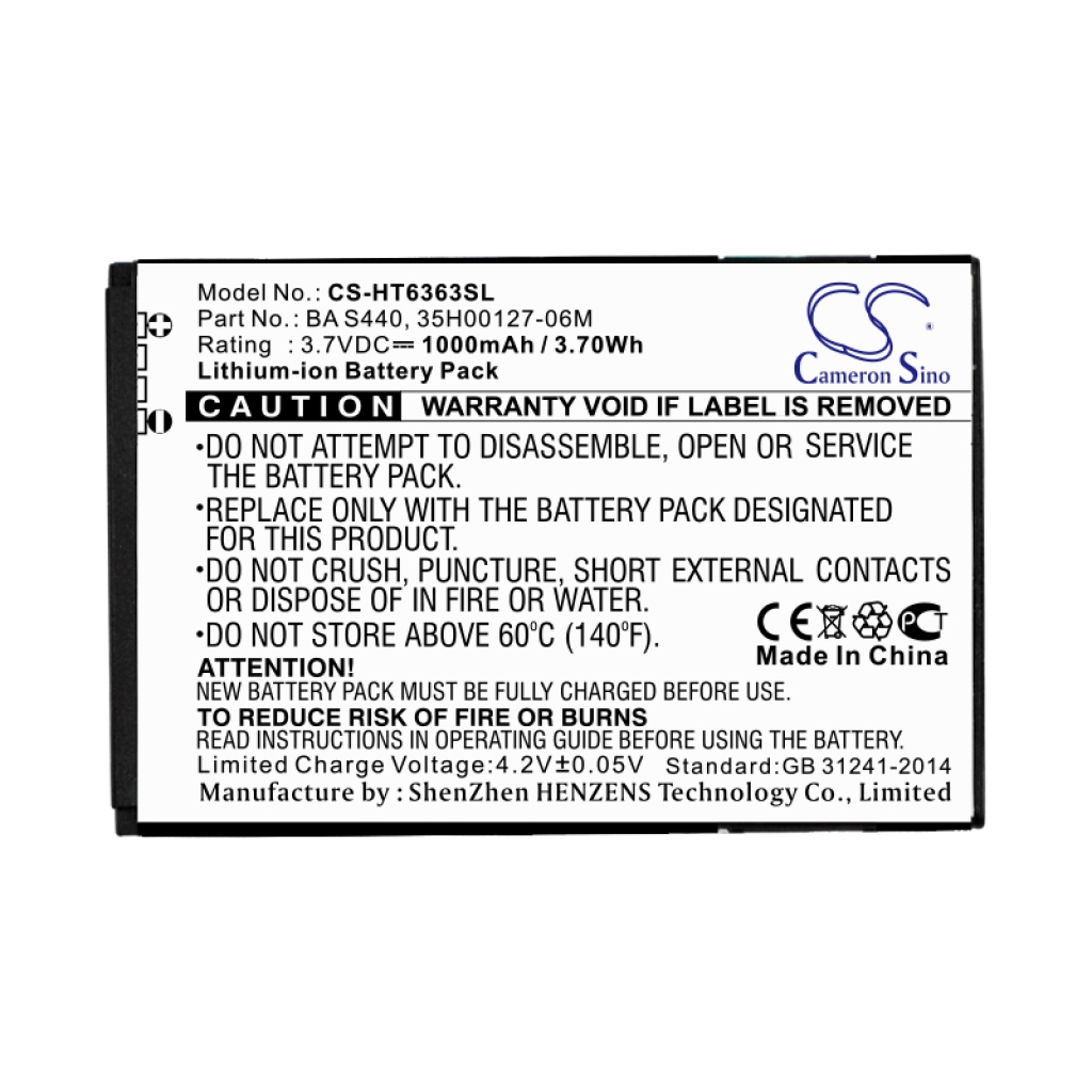 Compatible battery replacement for HTC  35H00127-04M, BB00100, 35H00127-02M, BA S440, 35H00127-06M...