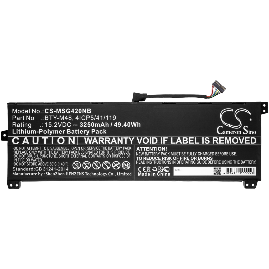 Compatible battery replacement for MSI  BTY-M48, 4ICP5/41/119