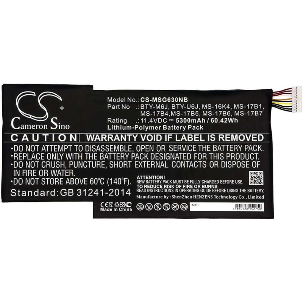 Compatible battery replacement for MSI  BTY-U6J, MS-17B5, BTY-M6J, MS-17B4, MS-17B1...