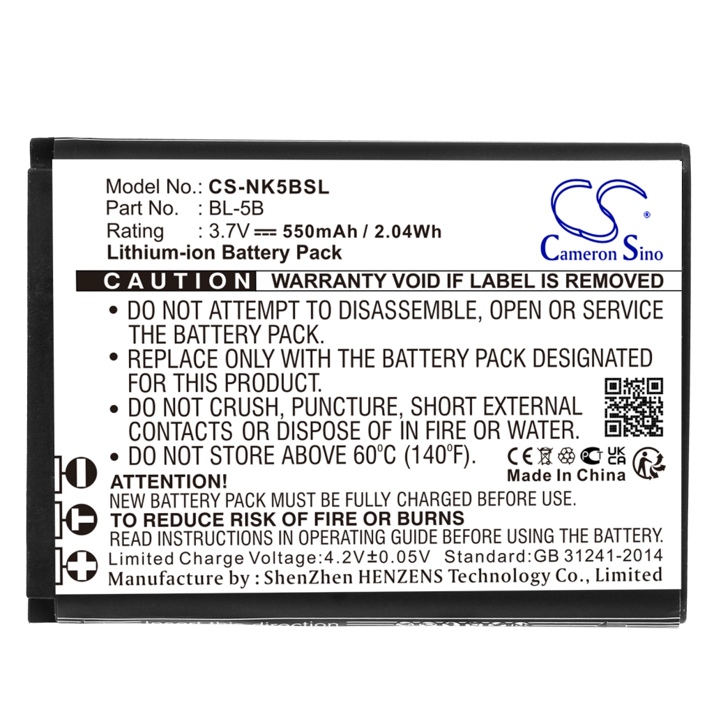 Compatible battery replacement for Nokia  BLI-885, NV1, BL-5B, N5B80T, CEL10028...