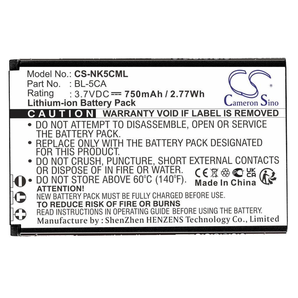 Compatible battery replacement for Nokia  BR-5C, BK-BL-5C, U73, BL-5CB, NKBF01...