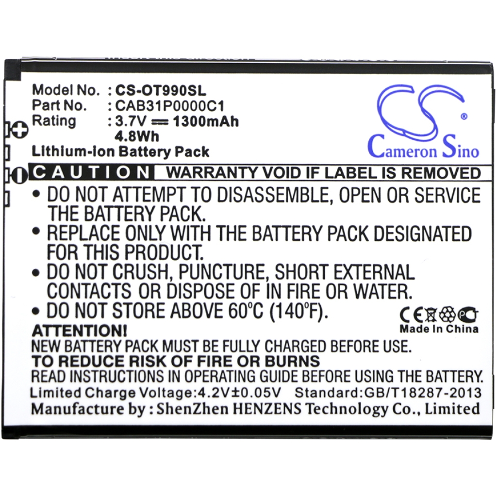 Compatible battery replacement for Alcatel  CAB31P0001C1, CAB31P0000C1, BY71, TB-4T0058200