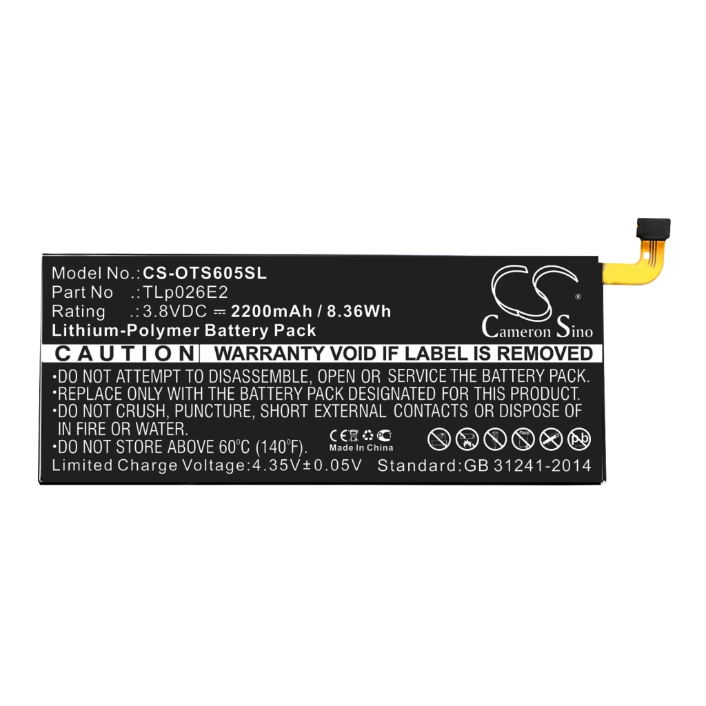 Compatible battery replacement for Alcatel  TLp026EJ, TLp026E2, CAC2610005CJ