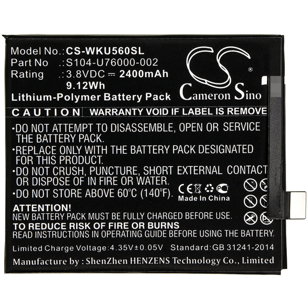 Compatible battery replacement for Wiko  S104-U76000-002, S104-U76000-000