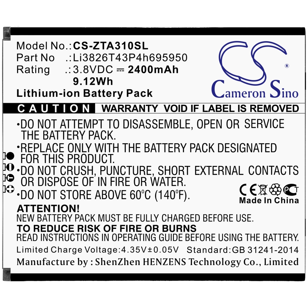 Compatible battery replacement for ZTE  Li3826T43P4h695950