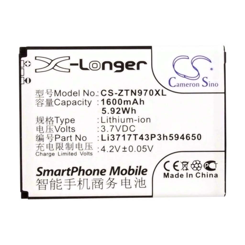 Compatible battery replacement for ZTE  Li3717T43P3h594650, Li3717T43P3h494650, Li3716T42P3h594650